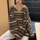 V-neck Striped Sweater Coffee - One Size