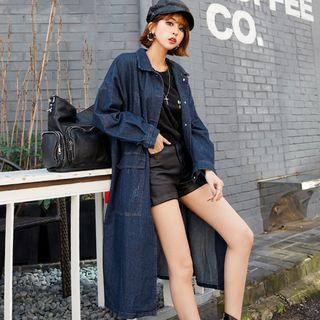 Dual-pocket Distressed Long Denim Jacket Dark Blue - One Size