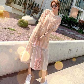 Round Neck Striped Lace Panel Dress