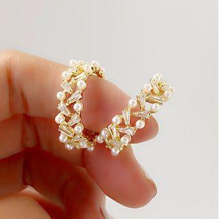 Faux Pearl Rhinestone Open Hoop Earring 1 Pair - Silver Needle - Gold - One Size