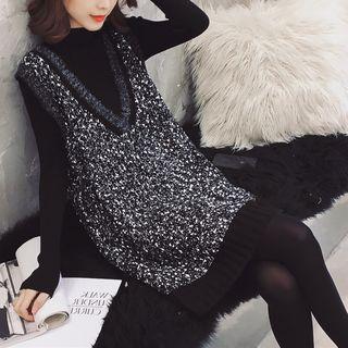 Long-sleeve Mock-neck Knit Top / M Lange Pinafore Dress / Set