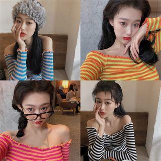 Color-block Striped Off-shoulder Long-sleeve Knit Top