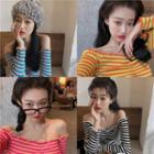 Color-block Striped Off-shoulder Long-sleeve Knit Top