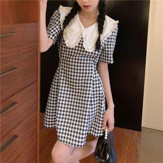 Short-sleeve Plaid Ruffle Trim Collar Midi Dress