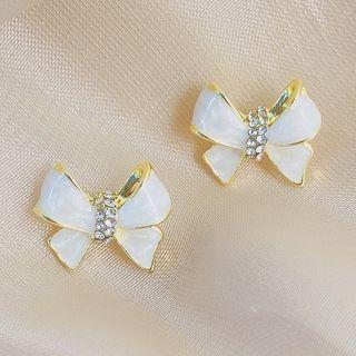 Sterling Silver Rhinestone Ribbon Stud Earring 1 Pair - Ja - White - One Size