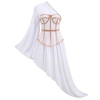 Set: One-shoulder Asymmetrical A-line Dress + Strapless Contrast Trim Mesh Top