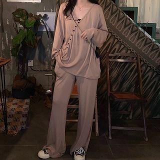 Long-sleeve Buttoned Top / Wide Leg Pants