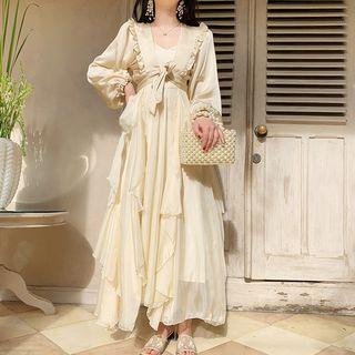 Sleeveless Layer Maxi Dress / Puff-sleeve Tie-waist Light Jacket