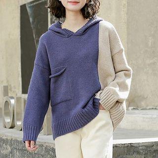 Two Tone Knit Hoodie Gray & Blue - One Size