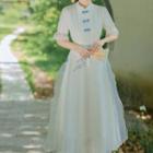 Short-sleeve Floral Embroidered Lace Midi A-line Qipao Dress