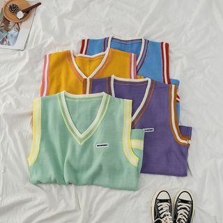 Contrast Stripe V-neck Knit Vest