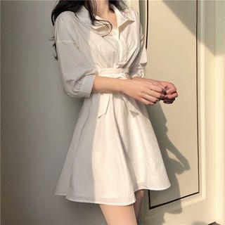 3/4-sleeve A-line Collared Dress White - One Size