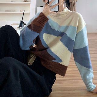 Mock-turtleneck Color Panel Sweater Blue & Brown - One Size