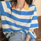 Short-sleeve Striped Distressed Collared T-shirt