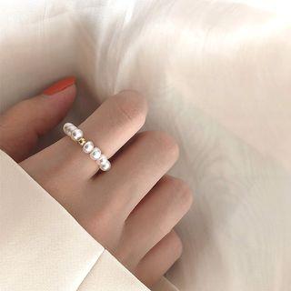 925 Sterling Silver Faux Pearl Ring Faux Pearl Ring - Gold - 11#
