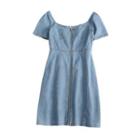 Short-sleeve Zip Denim A-line Dress