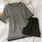 Set: Striped Loose T-shirt + Shorts Black - One Size