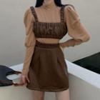 Long-sleeve Mock-neck T-shirt / Faux Leather Spaghetti Strap Top / Mini A-line Skirt
