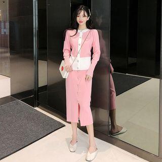 Set: Long-sleeve Color Block Buttoned Knit Top + Midi Skirt
