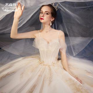 Spaghetti Strap Embroidered Glitter Mesh Wedding Ball Gown