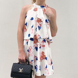 Halter-neck Floral Print Ruffled Playsuit
