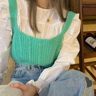 Long-sleeve Frill Trim Blouse / Knit Camisole Top