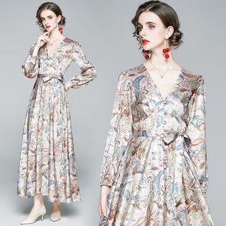 Printed V-neck Maxi A-line Dress
