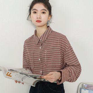 Pocket Long Sleeve Plaid Blouse Check - One Size