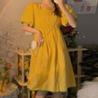 Short-sleeve Plain Midi Dress Dress - One Size