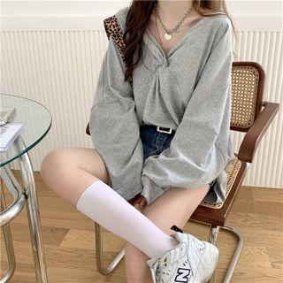 Long-sleeve V-neck Plain Loose-fit Top Gray - One Size