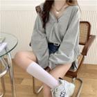 Long-sleeve V-neck Plain Loose-fit Top Gray - One Size