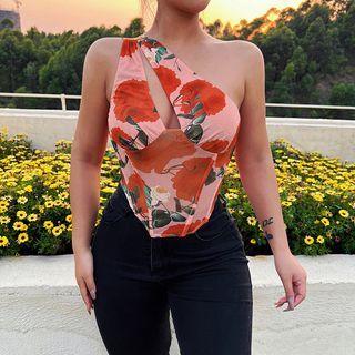 Asymmetrical Sleeveless Cutout Floral Print Top