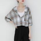 Mock Two-piece Plaid Elbow-sleeve Blouse As Shown In Figure - One Size