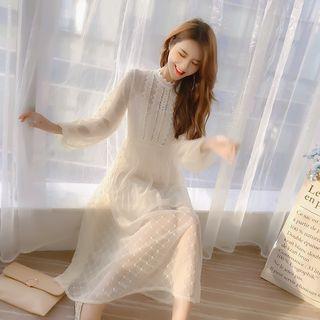 Set: Spaghetti Strap Mini Dress + Long-sleeve Midi A-line Lace Dress