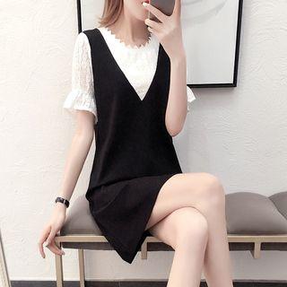 Mock Two-piece Lace Panel Mini Dress