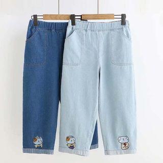 Embroidered Denim Cropped Pants