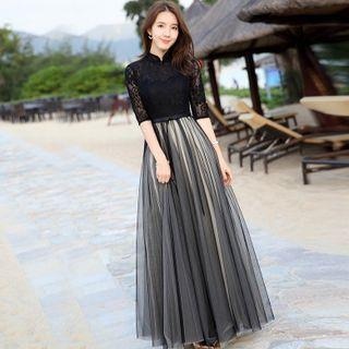 Elbow-sleeve Lace Panel A-line Prom Dress (various Designs)