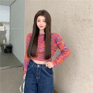 Round-neck Color-block Cropped Sweater Red - One Size
