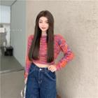 Round-neck Color-block Cropped Sweater Red - One Size