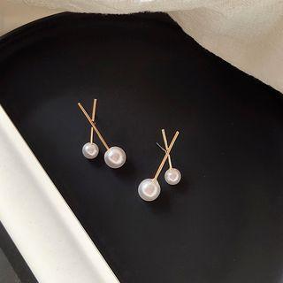 Faux Pearl Alloy Cross Earring 1 Pair - 925 Silver Earrings - White & Gold - One Size