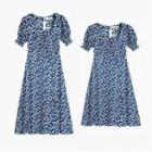 Round Neck Floral Puff Short Sleeve Slit Chiffon Mini Dress / Midi Dress