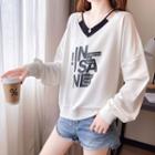 Long-sleeve V Lettering Cotton Waterdrop Shirt