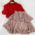Set: Plain Short-sleeve Knit Top + Printed A-line Chiffon Skirt