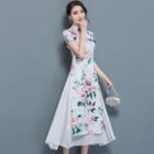Floral Print Short-sleeve Mandarin Collar A-line Dress