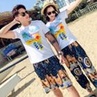 Couple Matching Set: Printed Short-sleeve T-shirt + Printed Pants / Set: Printed Short-sleeve T-shirt + Printed Shorts