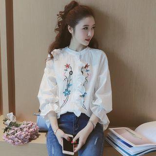 Frilled Embroidered Long-sleeve Blouse