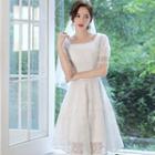 Square-neck Puff-sleeve A-line Lace Dress