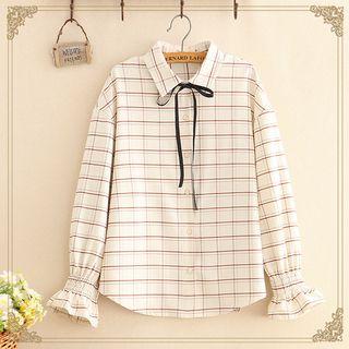 Bow-neck Check Long-sleeve Shirt