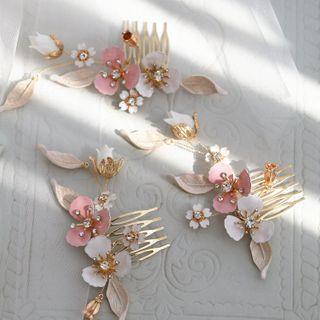 Rhinestone Flower Leaf Hair Comb N29 - White & Pink - One Size