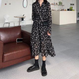 Floral Print Long-sleeve Layered Midi A-line Dress Floral - Black - One Size